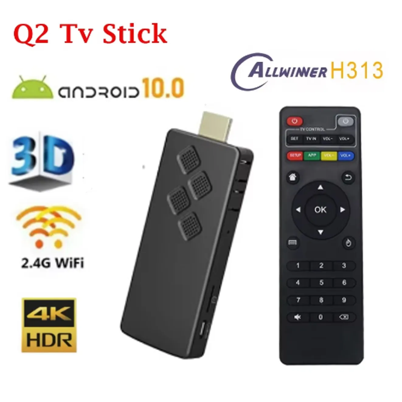 Q2 Android 10 OS Smart TV Stick Mini 4K Allwinner H313 Dual 2.4G&5G Wifi Streaming Media Player Support Youtube Netfix Google