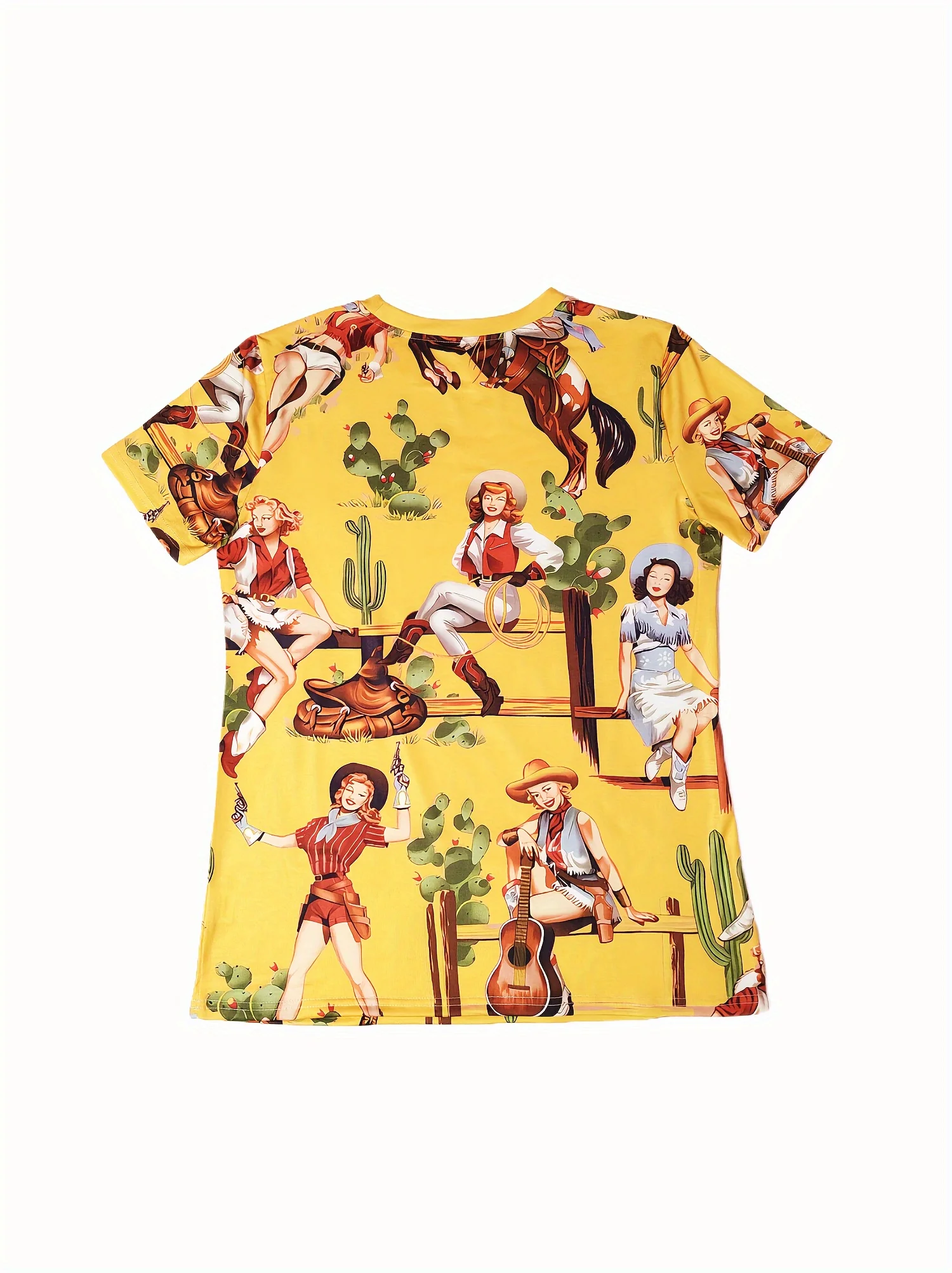 Women Short Sleeve T‑Shirt Retro Western Cowgirl Cactus Horse Print Crew Neck Loose Casual Summer Tops
