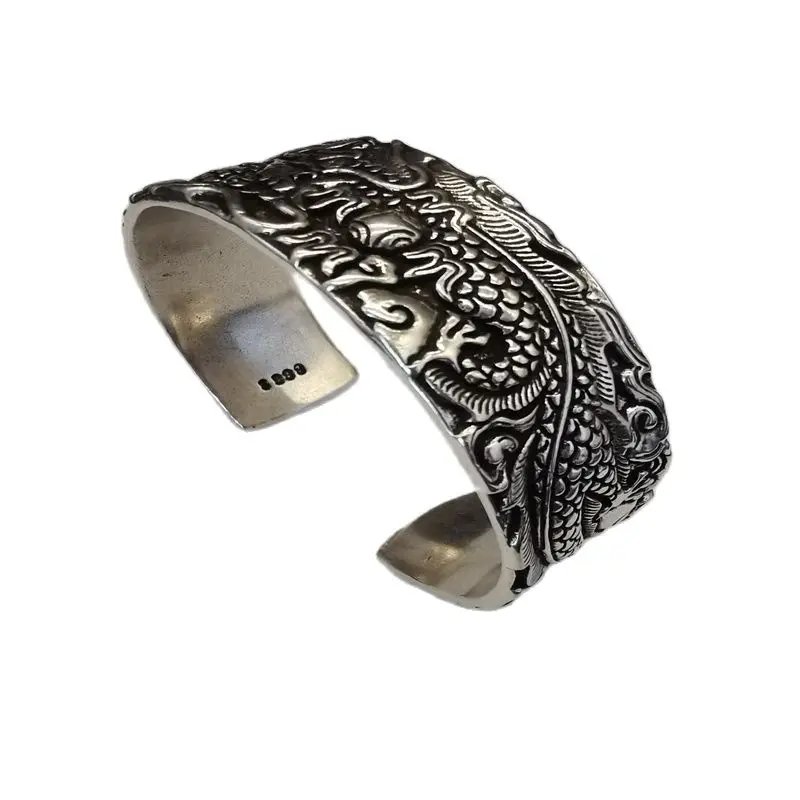 

China Old National Style Tibetan Silver Carved Dragon Pattern Bracelet