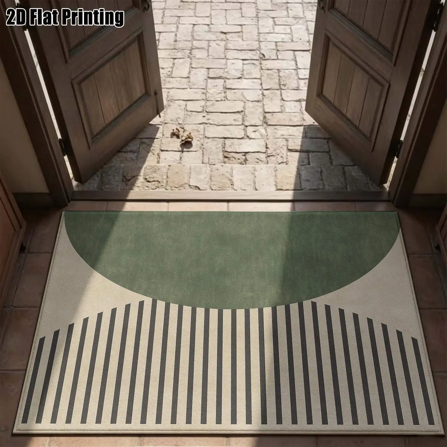 1Pc 2D Printed Carpet: Beige-Green Geometric Stripe Nordic/Instagram/European Style, Machine Washable, Multi-Size. Ideal for Living Room, Bedroom, Dining Room, Entryway, Study, Home Decoration.