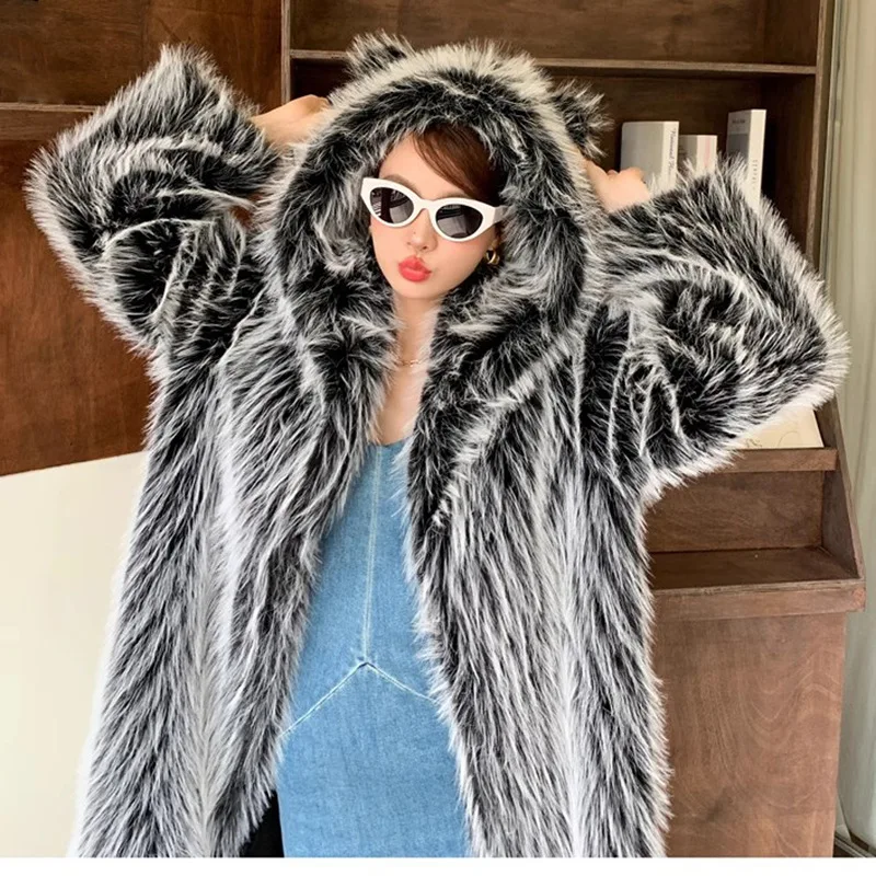 Women's Fall/Winter Cat Ear Hooded Fluffy Black White Fur Jacket Faux Wool Knee-length Long Warm Coat Long Trench Coat Cardigan