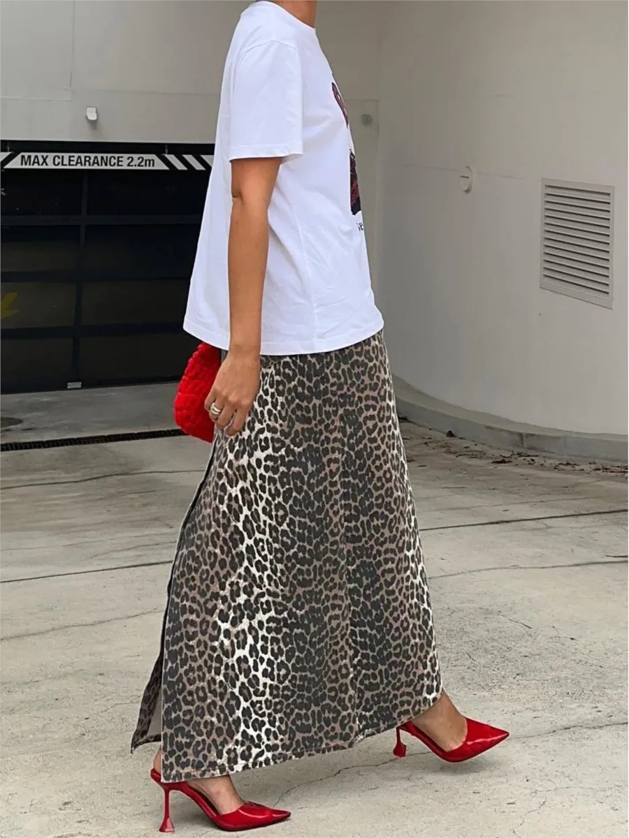 Leopard Print Split Denim Skirt Women 2024 New High Waist Pocket Straight Midi Skirts Streetwear Fashion Office Lady Long Faldas