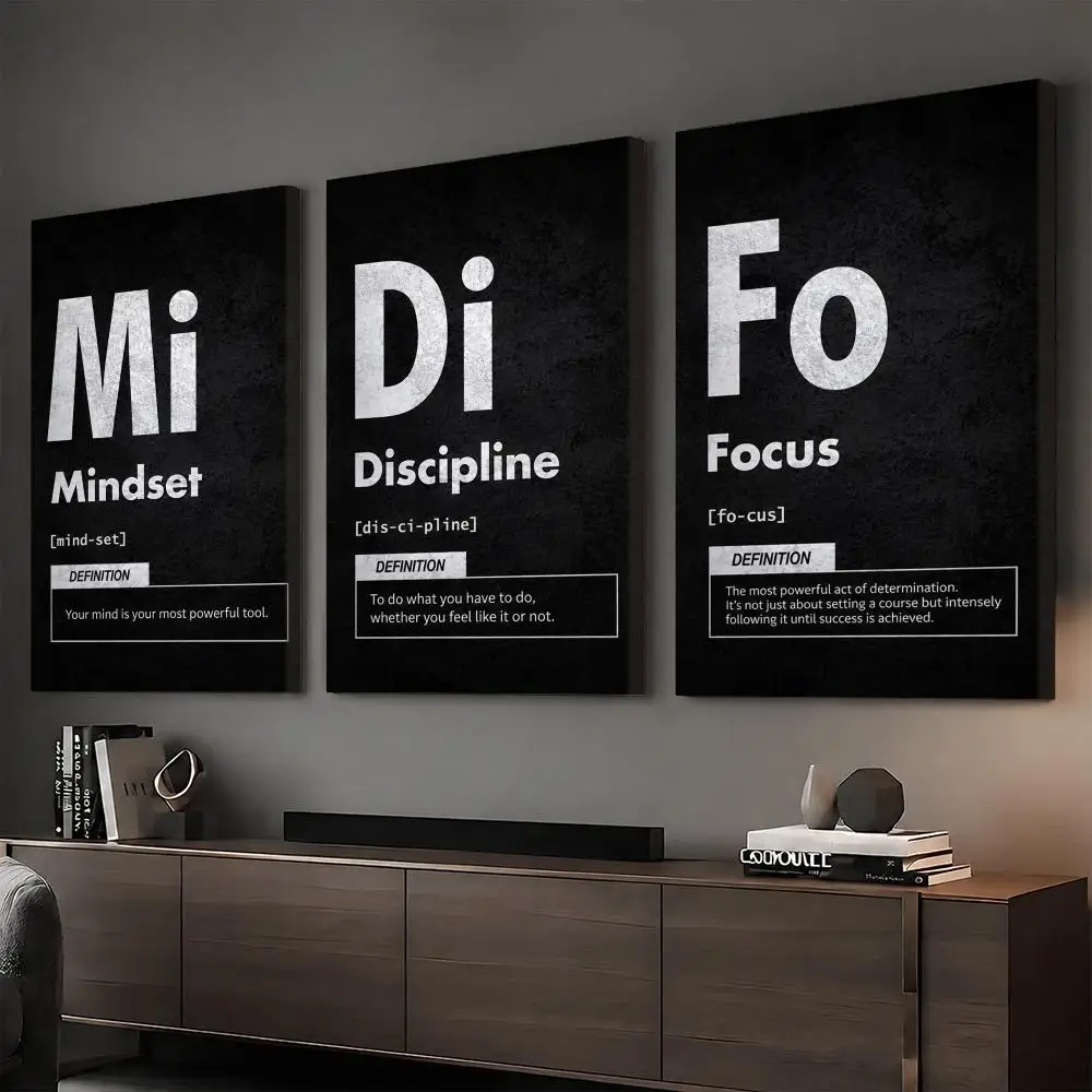 MINDSET x FOCUS x DISCIPLINE Framed Wall Painting Ready to Hang Canvas Wall Art Poster for Bedroom Living Room Home Decor