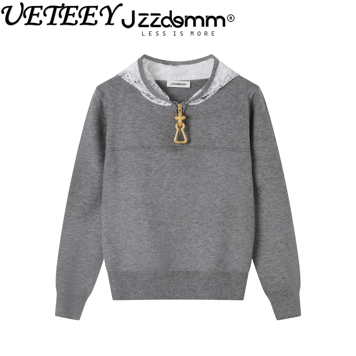 Metal Decoration Half Zip Lace Cap Spliced Knitted Pullover 2026 Spring and Autumn New Versatile Long Sleeve Top for Women