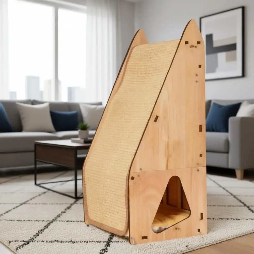 

Enhanced Wood-Framed Cat Scratching Post: Large Sisal Scratcher, Integrated Scratch Post Pad Condo Tunnel House. All-in-One Spac