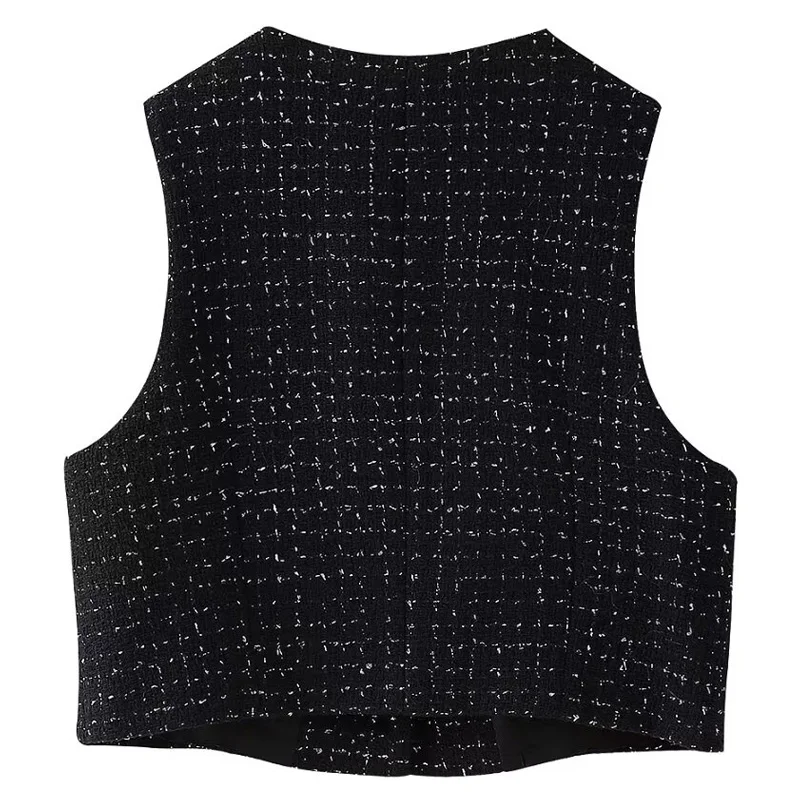 HXAO Women 2024 Women\'s Vest Textured Black Vest Woman Crop O-Neck Sleeveless Waistcoat Women Floral Button Gillet Lady Tank Top