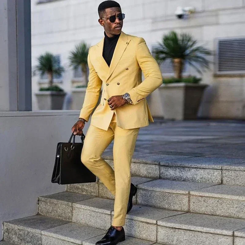 

2024 Fashion Yellow Business Suits For Men Double Breasted Slim Fit Blazer Hombre High Quality Custom 2 Piece Set Costume Homme