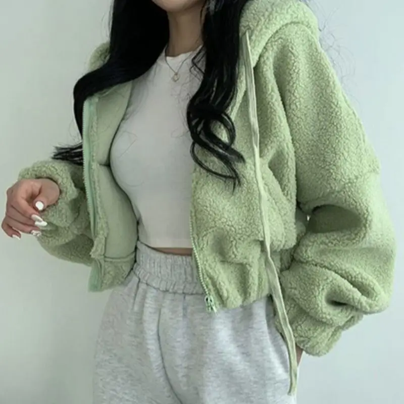 Deeptown Cropped Jacket Streetwear Y2k Tech Fleece Oversized Hooded Thick Coat Chic Casual Short Cardigan Varsity Korean Fashion