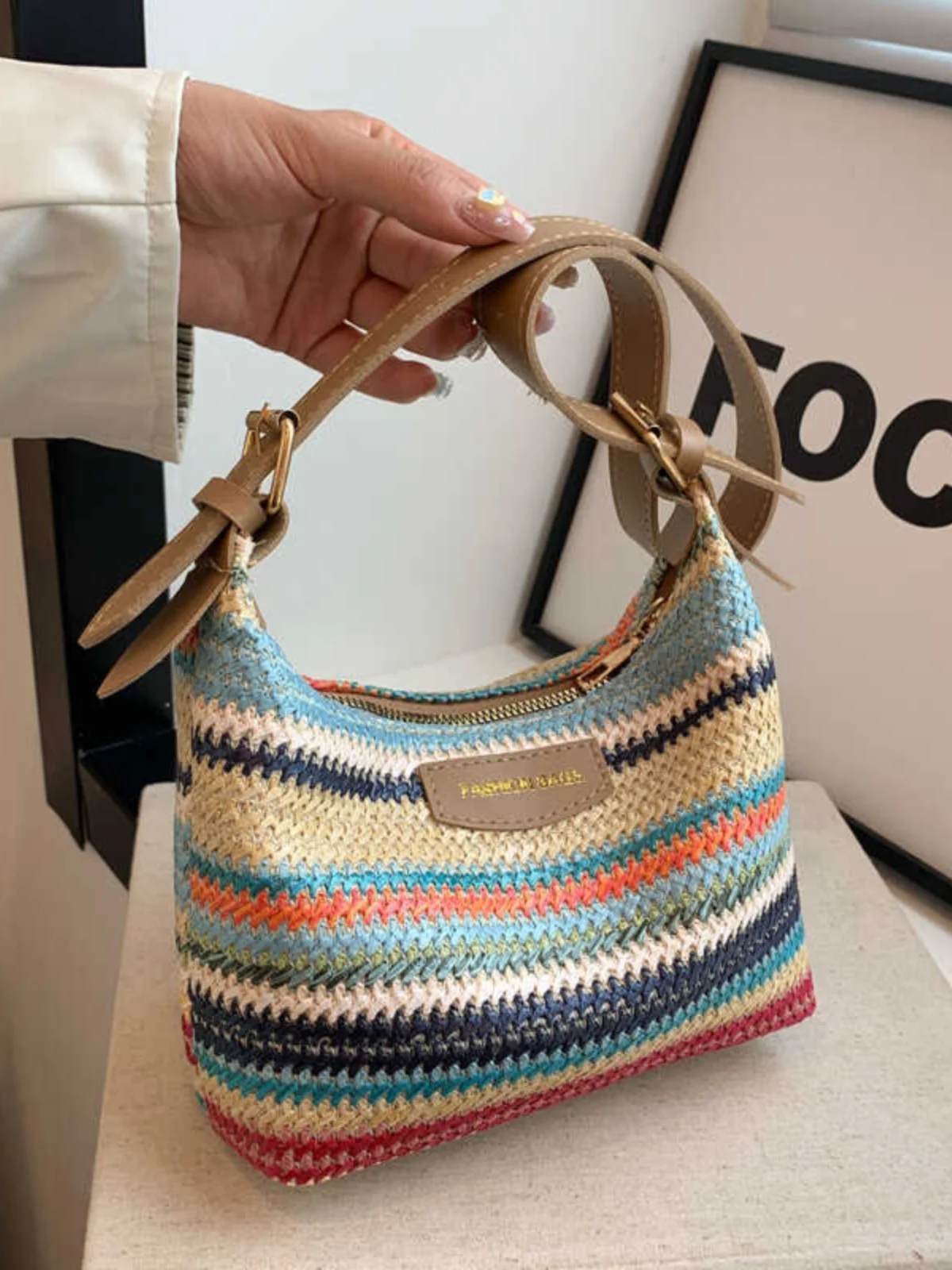 

Foufurieux Stripe Straw Bag for women 2025 Summer New Fashion Versatile Crossbody Shoulder Bags Women Luxury Designer Handbags