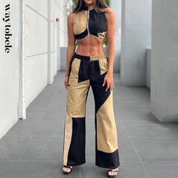 Waytobele Women Two Piece Set Summer Fashion Sleeveless Round Neck High Waist Patchwork Zipper Top Loose Pants Sets Streetwear