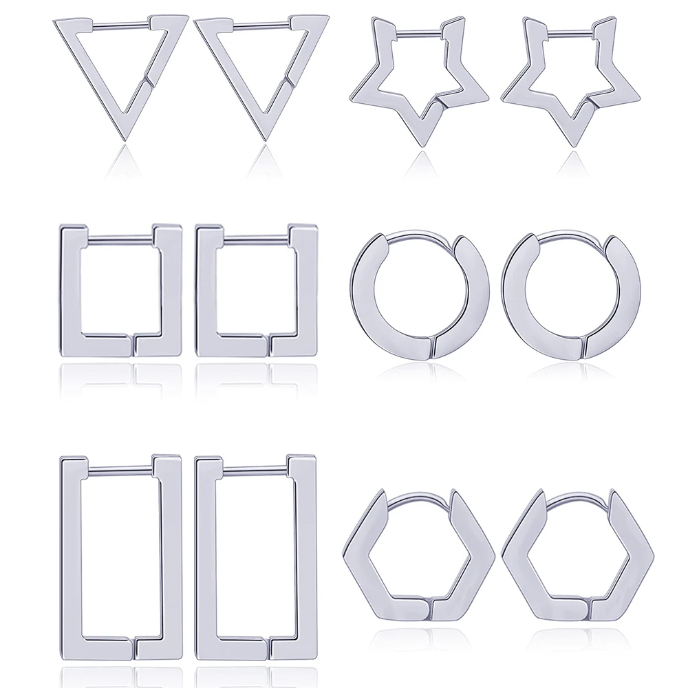 1-6 Pairs Minimalist Stainless Steel Dainty Geometric Square Triangle Star Rectangle Hoop Huggies Earrings Set for Men Women