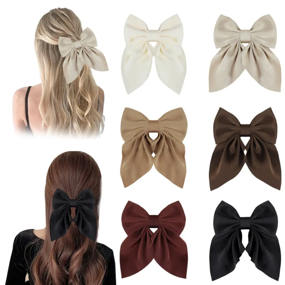 

6pcs Solid Color Ribbon Bows Hair Clip for Kids Girls Brown Big Bow Hairpins Barrettes Handmade Headwear Hair Accessories MD05