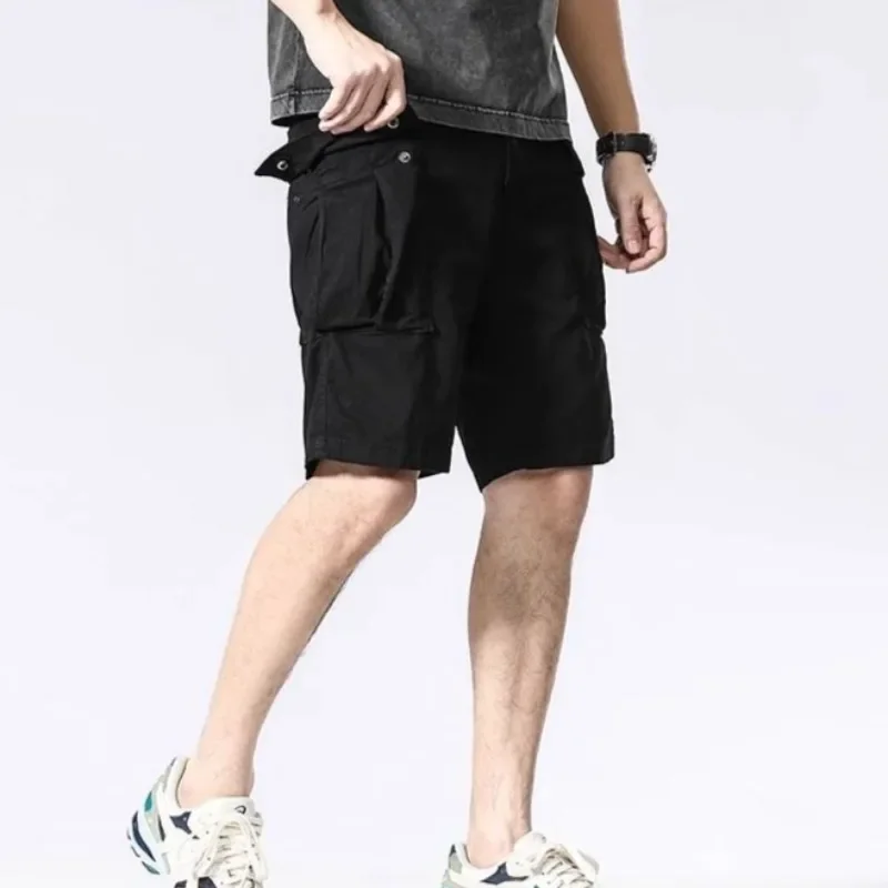 Elastic Waist Long Wide Solid Baggy Multi Pocket Loose Half with Draw String Male Short Pants Bermuda Men's Cargo Shorts Popular