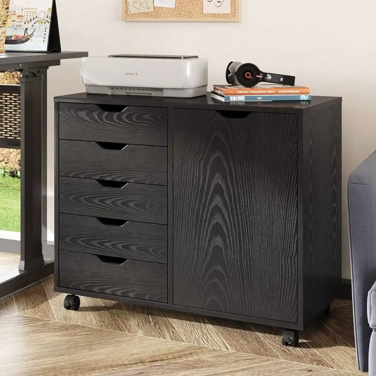 Dresser 5-Drawer Wood Chest For Home Office With Door, Mobile Storage Cabinet And Printer Stand