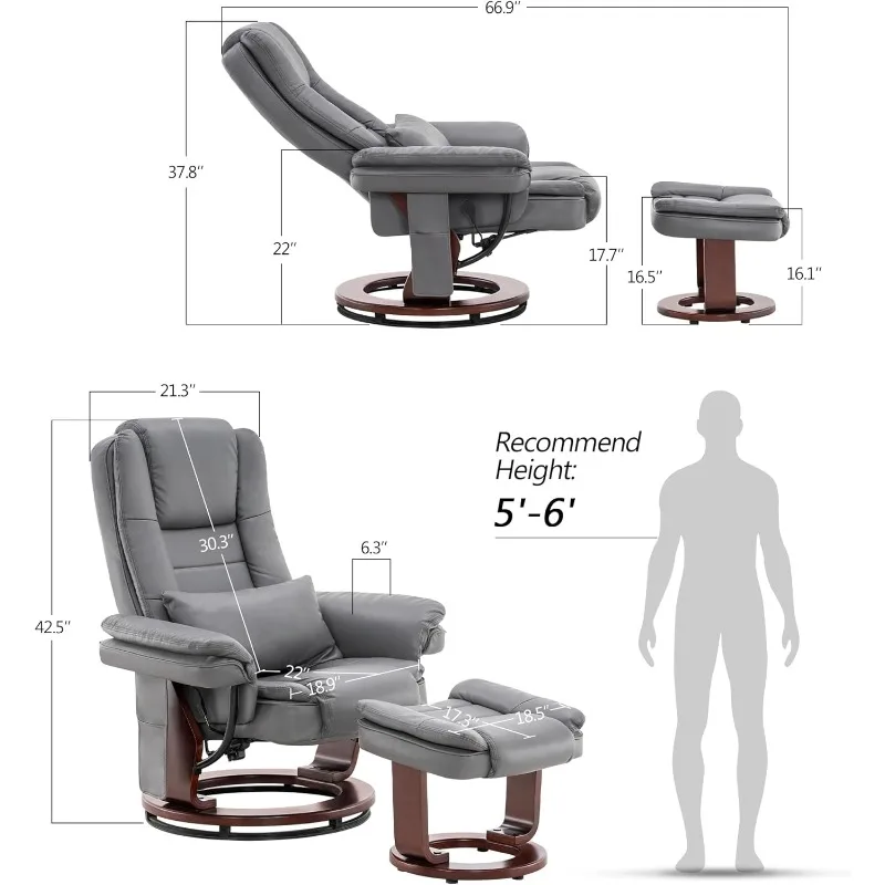 Recliner with Ottoman Chair,Vibration Massage,Removable Lumbar Pillow, 360 Degree Swivel Wood Base, Faux Leather (Grey)