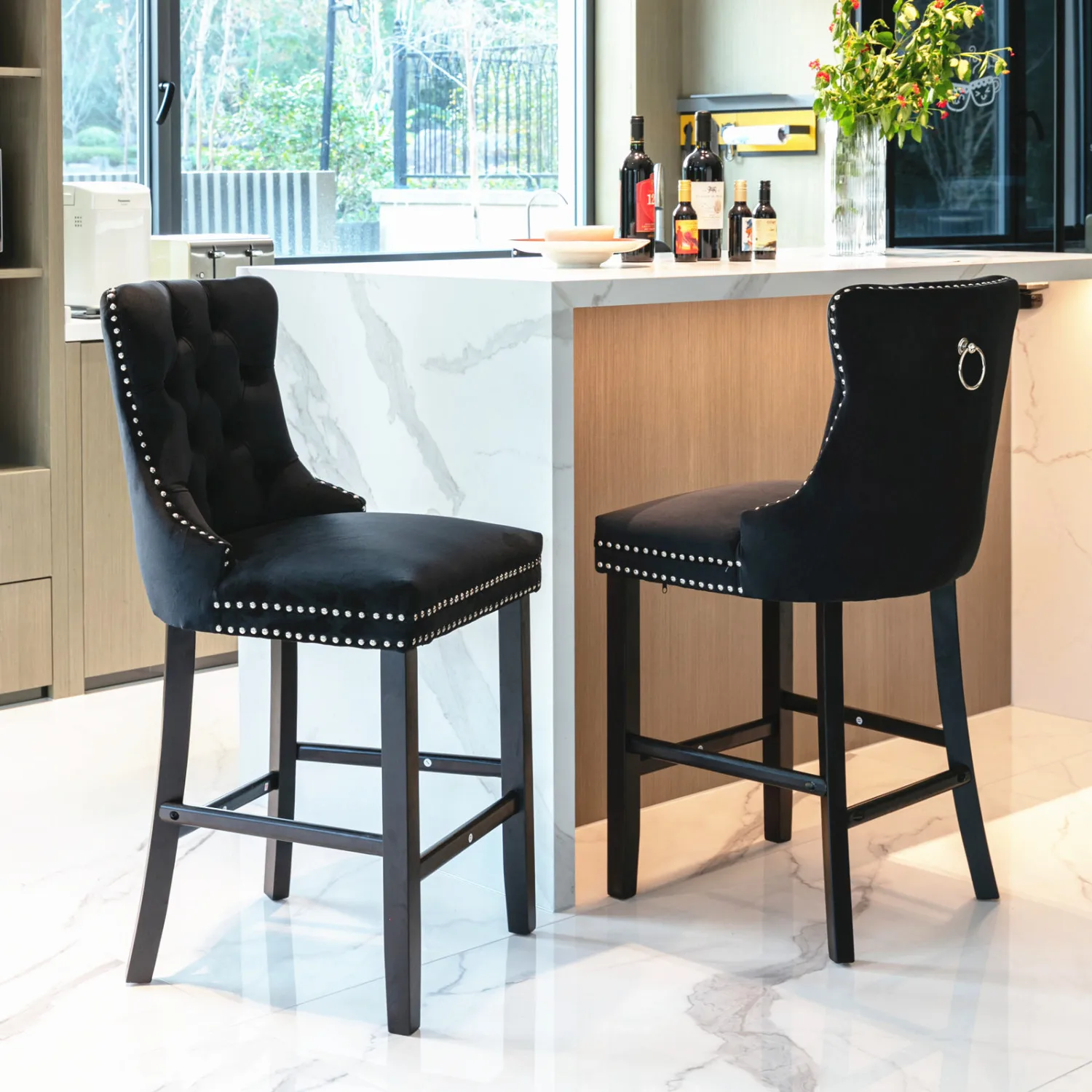 

A&A Furniture,Contemporary Velvet Upholstered Barstools with Button Tufted Decoration and Wooden Legs, and Chrome Nailhead Trim,