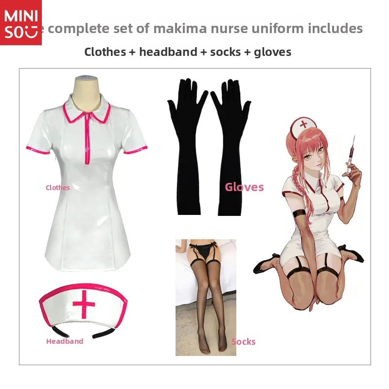 Miniso أنيمي بالمنشار رجل تأثيري حلي ماكيما قوة مثير ممرضة موحدة بولي فستان فستان جلد البدلة شعر مستعار النساء هالوين