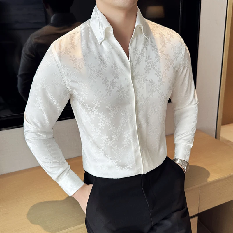 High Quality Dark Patterned Jacquard Men\'s Shirt Korean Designer Long Sleeved Slim Fit Casual Prom Tuxedo Black/White Shirt