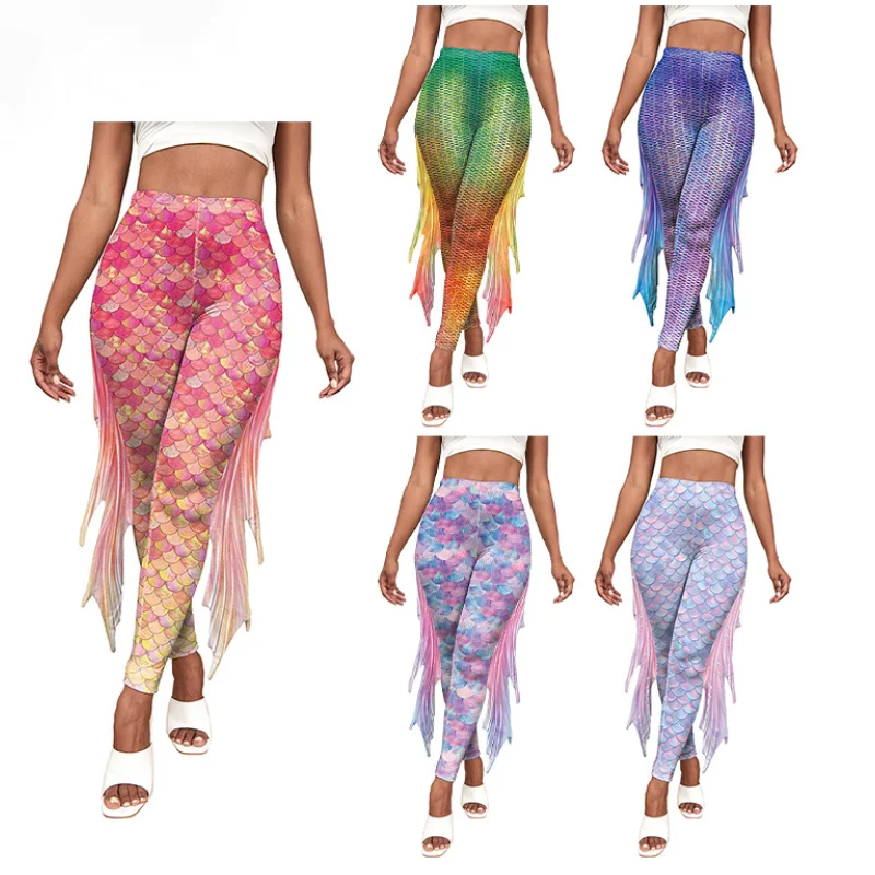 [You\'re My Secret] Women Summer Funny Cosplay Adult High Waisted Fish Scaled Printed Mermaid Leggings With Loose Tail Fins