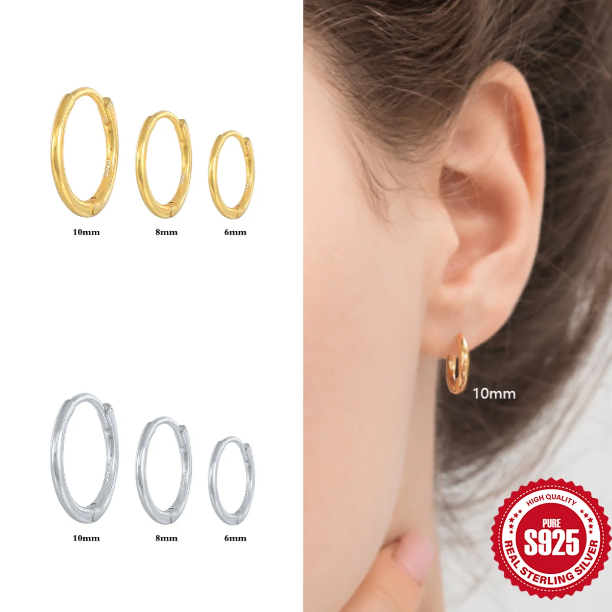 

Aide 925 Sterling Silver multi-size Classic Piercing Hoop Earring For Women gold silver 6/8/10mm Dainty Luxury jewelry