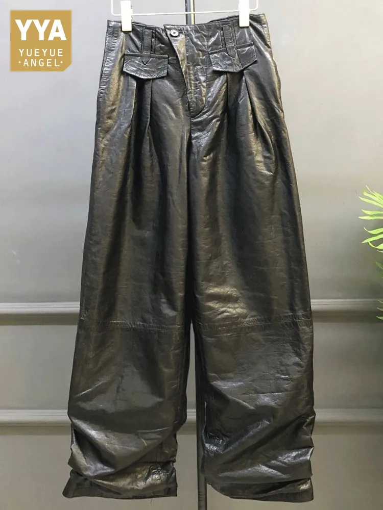 

Concise Genuine Leather Solid Color Fold Straight Pants Office Ladies High Quality Button Comfortable Cowhide Wide-Leg Trousers