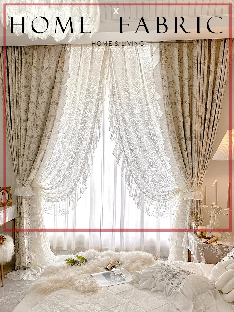 

Garden of Eden Romantic French Retro Light Cream Lace Small Fragrance Lotus Leaf Lace Blackout Curtains for Living Room Bedroom