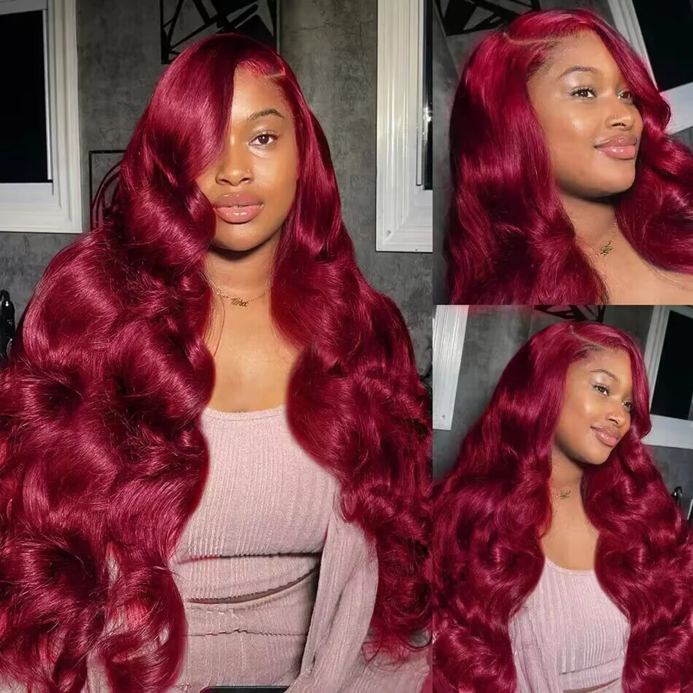 99j Burgunderrote 13x6 Lace-Front Echthaarperücke, 200 Dichte, Body Wave, 13x4, 30-36 Zoll, rot gefärbte Lace-Frontal-Perücken, brasilianisches Haar für Damen – Detail 8