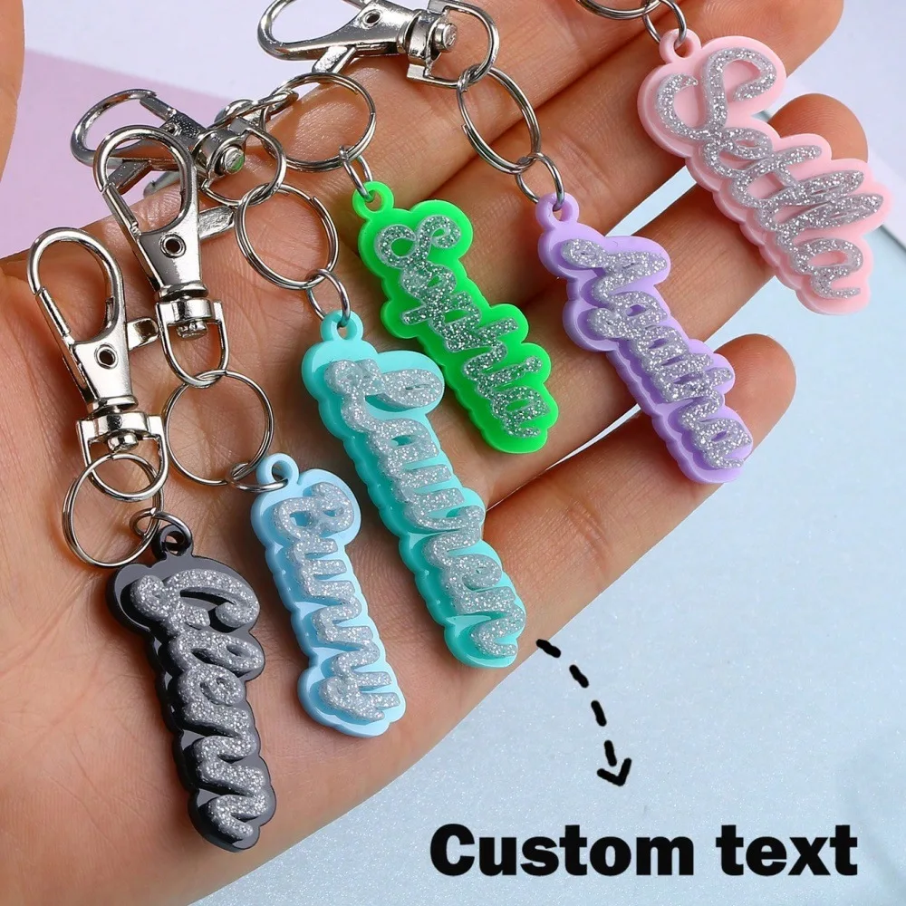 Fashion Colorful Shiny Custom 3D Name Keychain Personalized Acrylic Backpack Car Diaper Bag Nameplated Pendant Label Keyring  ﻿