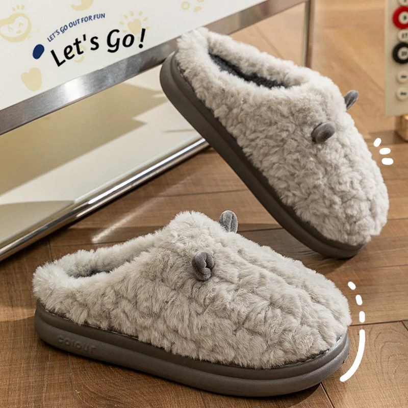 Women Men Plush Slippers Closed Back Warm Winter Indoor Bedroom House Slippers Anti Slip Cotton Cozy Slip On Home Outdoor Slides