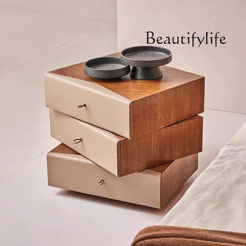 

Italian minimalist solid wood rotating bedside table, high-end bedroom bedside table, simple walnut grain locker