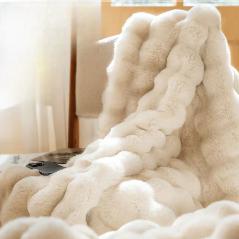 Light luxury rabbit plush blanket long hair office shawl small blanket winter nap blanket sofa premium feeling