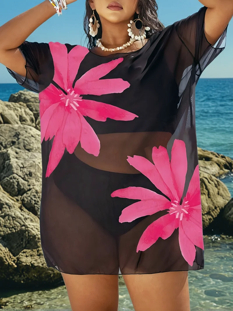 MOXDO Plus-Size Cover-Up Dress: Fashionable, Casual, Beach Vacation Style with Floral Print—Perfect for the Beach, Pool,