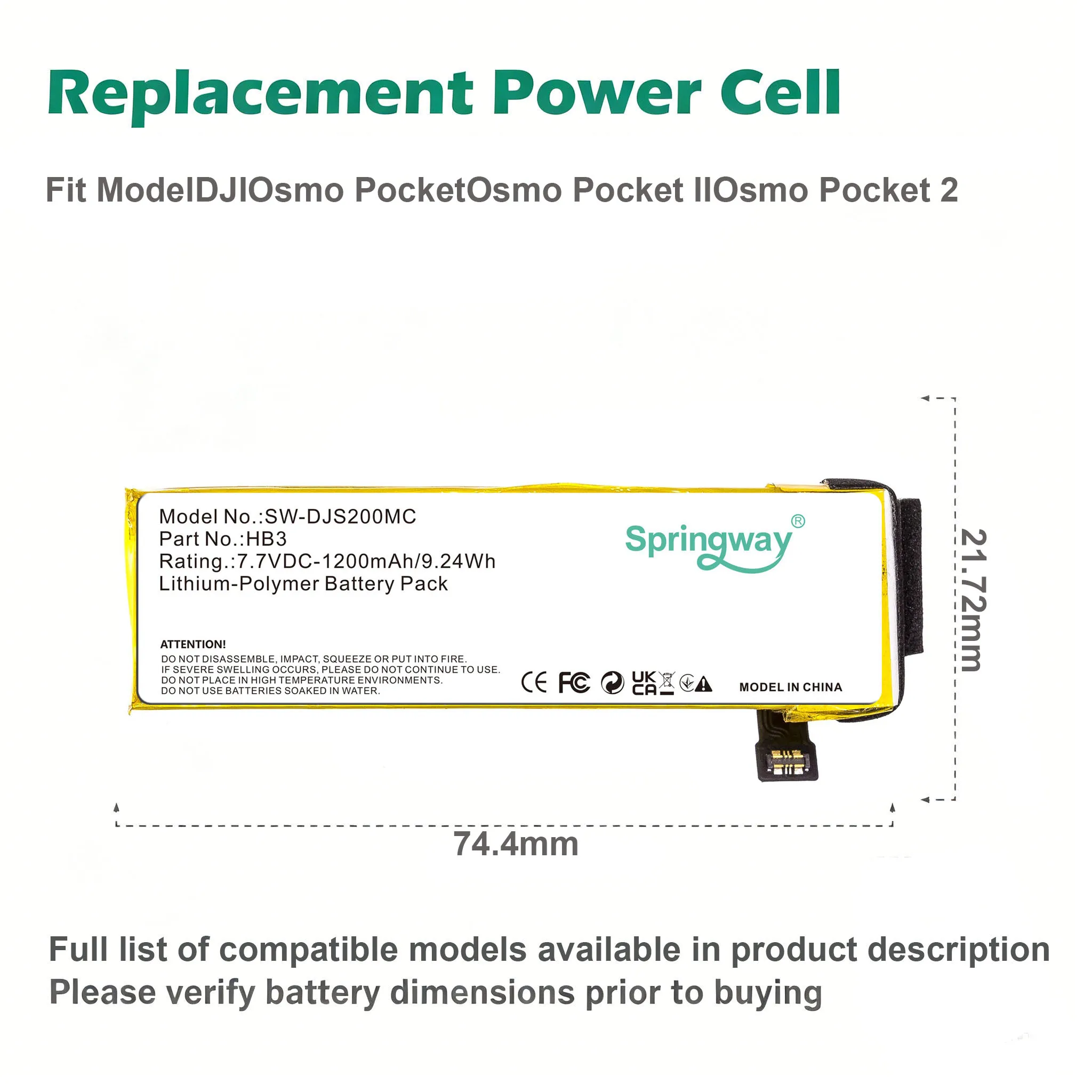 Springway Camera HB3 High Quality Battery For DJI OSMO POCKET 1 POCKET 2/POCKET 3 Series 2ICP5/22/65 Fast Delivery 1200mAh/7.7Wh
