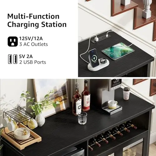 Wine Bar Cabinet with Mini Fridge Space, Black Coffee Bar Cabinet and Liquor Cabinet with Storage Rack, Sideboard - view 6