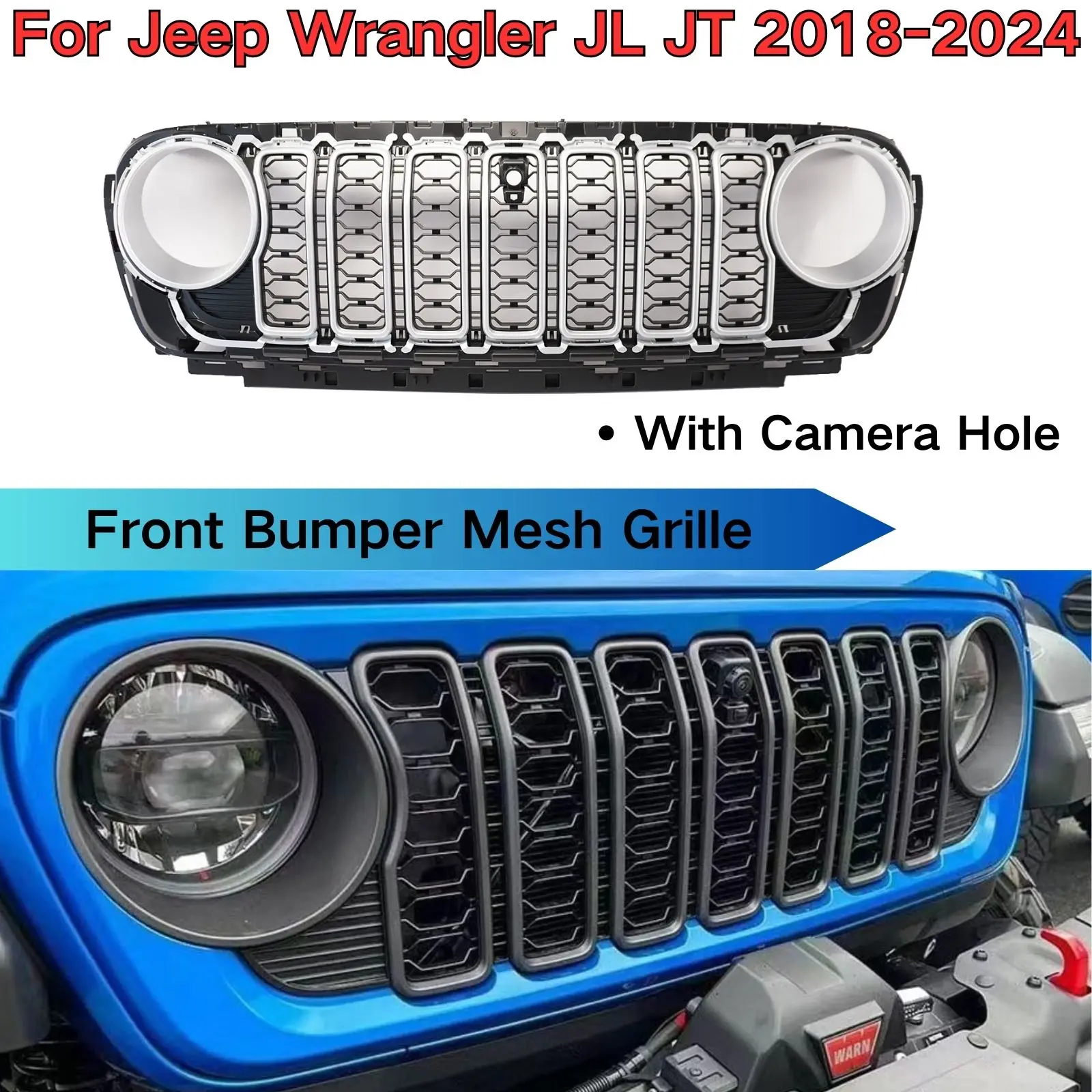 

Front Bumper Mesh Grille For Jeep Wrangler JL JT 2018 2019 2020 2021 2022 2023 2024 With Camera Hole Matte Black Car Accessories