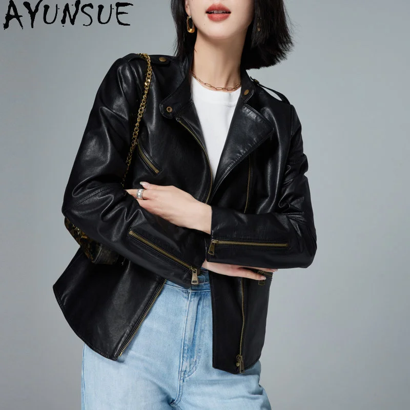 AYUNSUE Genuine Leather Jacket Women Short Casual Leather Jackets for Women 2023 Real Leather Coat Trend chaqueta de cuero mujer