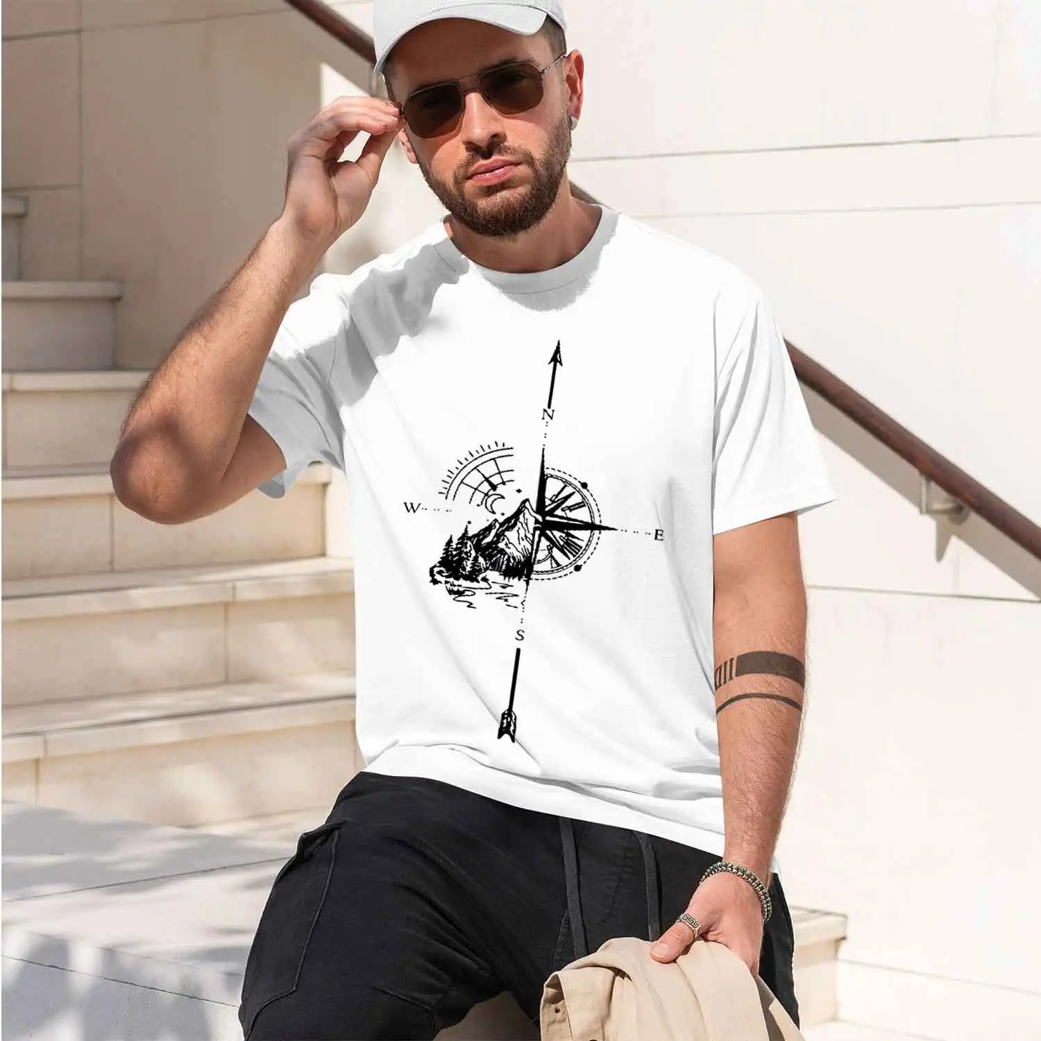 2026 New Model Men's summer 100 cotton fashionable casual sports loose comp mountain pattern back printed round neck short sleev