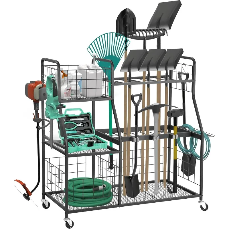 3 Tier Utility Yard Tool Organizer with Wheels, Large Garden Tool Storage Rack with Extra Storage Basket for Shed