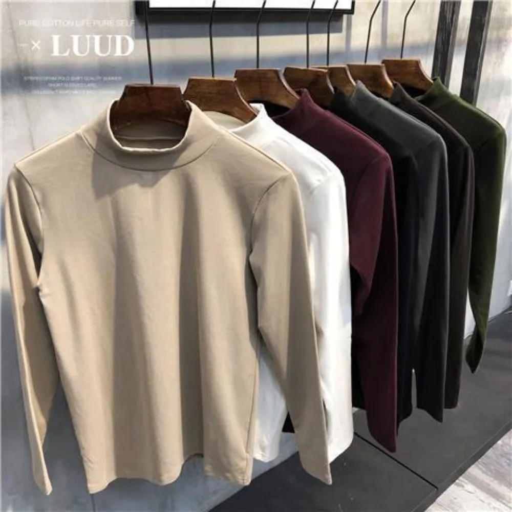 Fashion Korean Clothing Y2k Streetwear Casual Stylish Slim Men's Turtleneck Autumn Winter Casual Tee Tops Oversize T-shirt Man