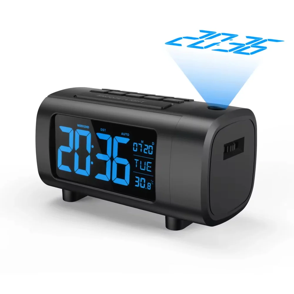 180 ° Rotating Projection Alarm Cloc Multifunctional Alarm Clock Snooze Mode Radio Time Temperature Display Bedroom Alarm Clock