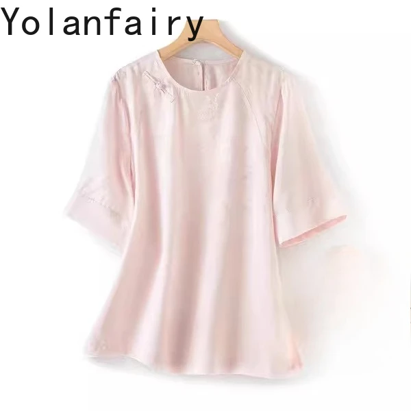 

YOLANFAIRY 100% Real Mulberry Silk Blouse Woman Elegant 2026 Summer Vintage Short Sleeve Shirt Elegant Shirts and Blouses Tops