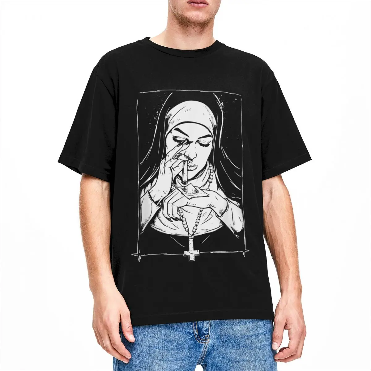 Funny Unholy Drug Nun for Men Women T Shirt Parody Merch Vintage Tees Short Sleeve O Neck T-Shirt Cotton Birthday Gift Clothes