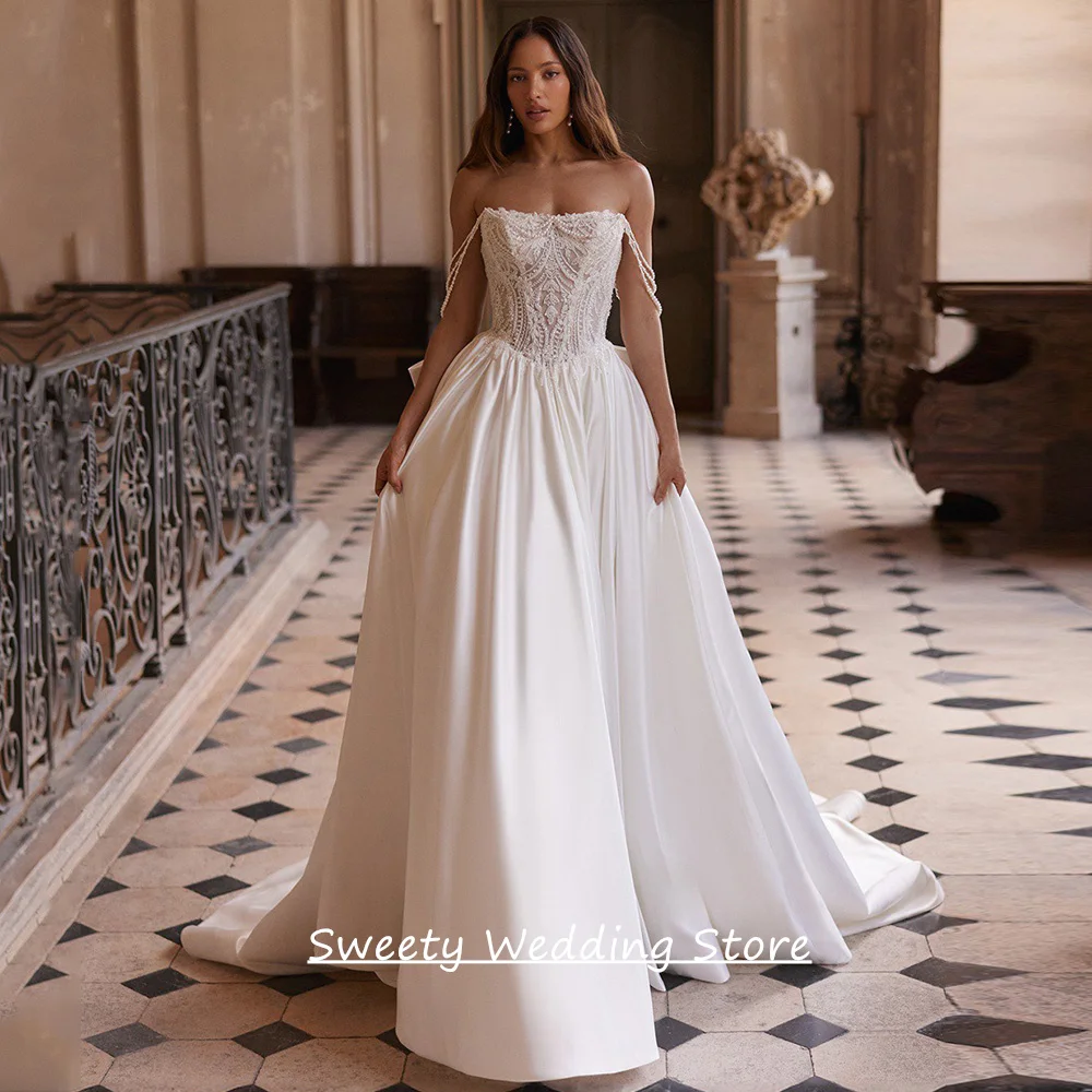 

Romantic Wedding Dress for Bride Customized Pearls Straps Exquisite Beading Applique High Slit A Line Satin Bridal Gown