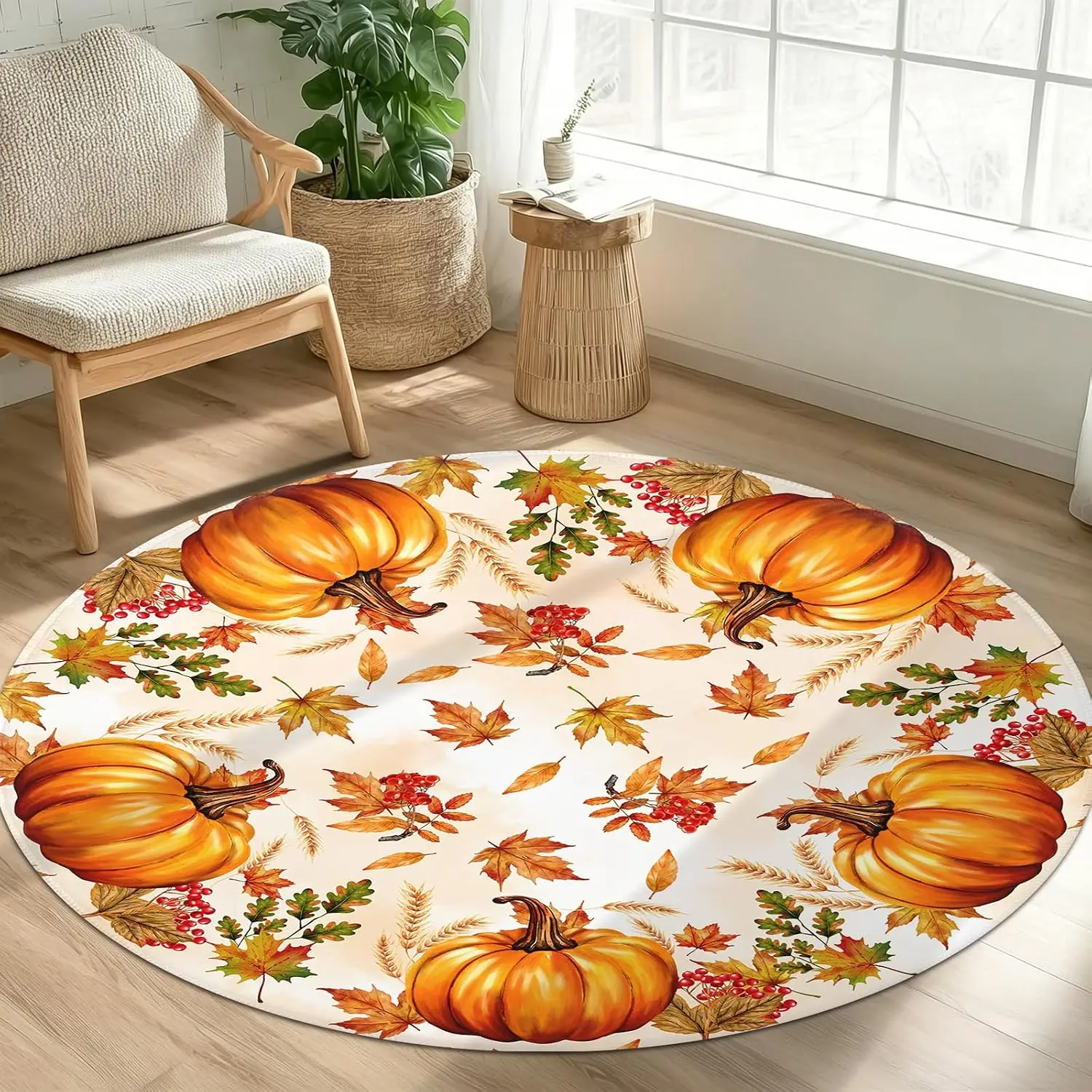 Fall Round Area Rug 5ft,Machine Washable Autumn Orange Pumpkin Maple Leaf Round Rug Non-Slip Thanksgiving Circle Rugs Low-Pile,Indoor Floor Carpet Mat for Living Room Bedroom Kitchen Dining Entryway
