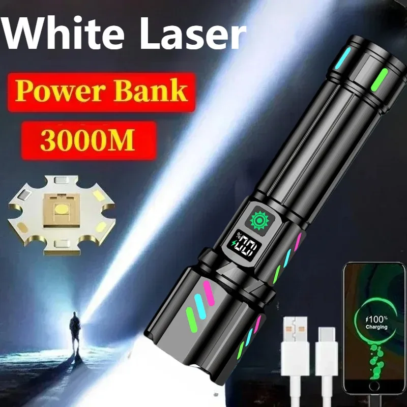 High Power LED Long Range Flashlight USB Rechargeable White Laser Zoomable Torch Light with Luminous Strips for Outdoor Camping