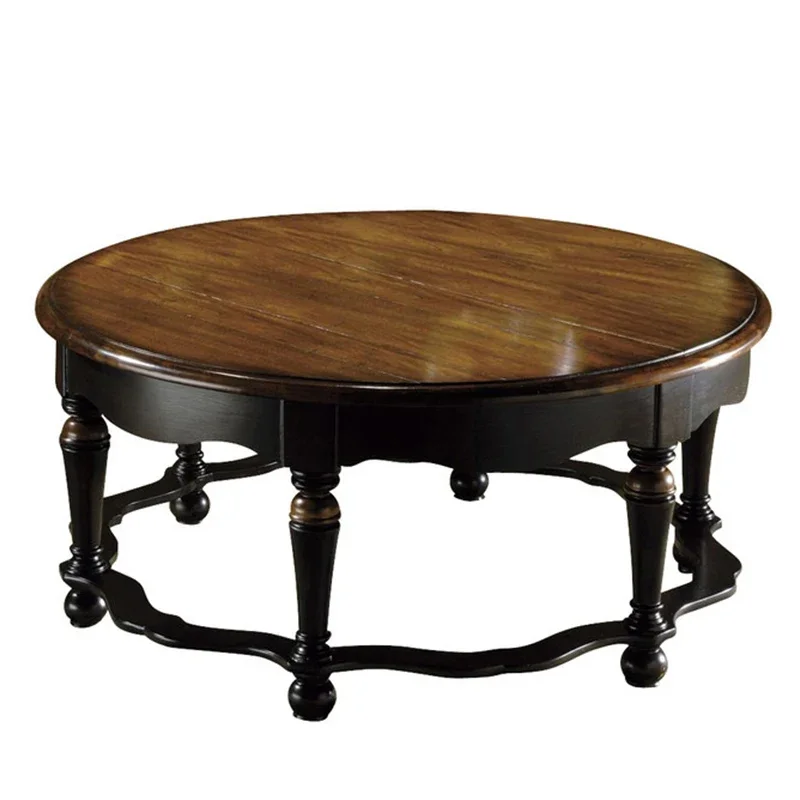 ls 27 American solid wood coffee table round black old retro living room Roman column double layer coffee table