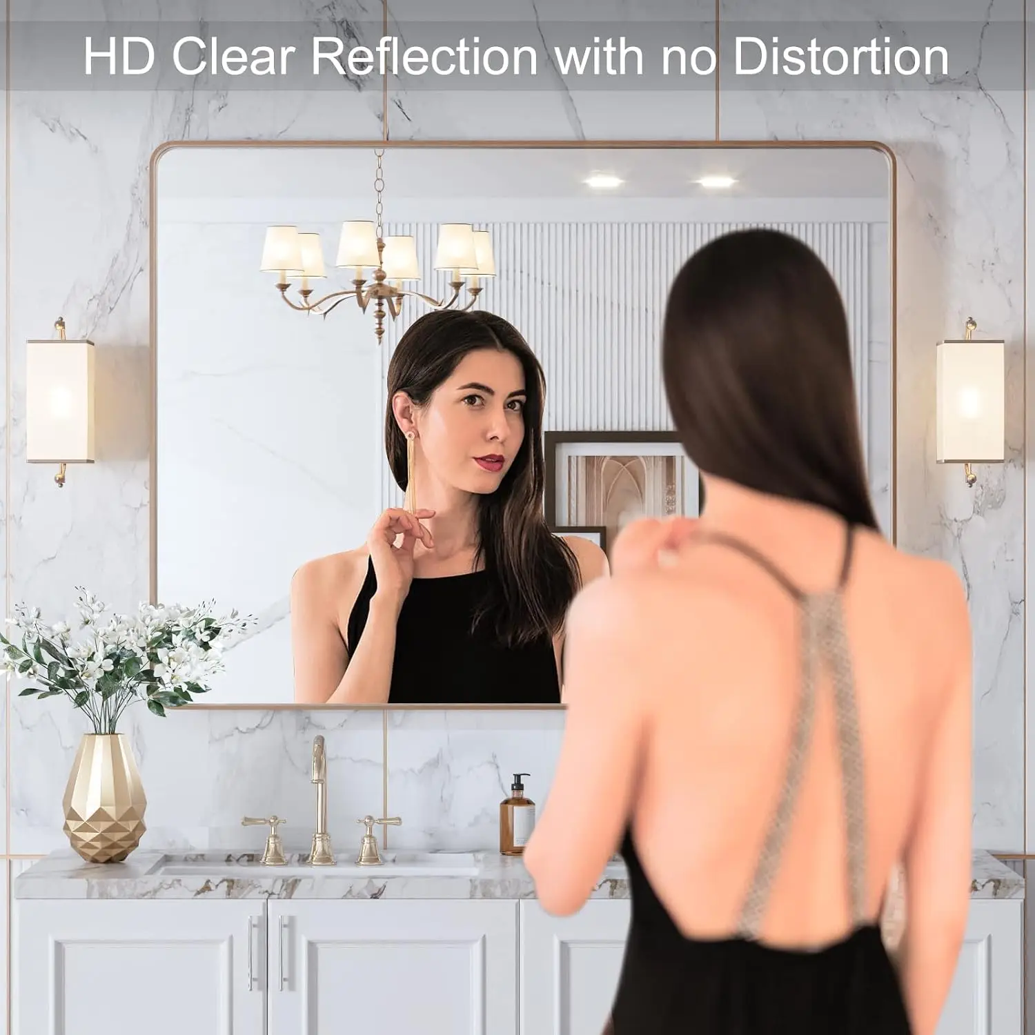 40 X 30 Gold Bathroom Mirror Rounded Rectangle Brushed Gold Frame Wall Mounted Anti Rust Tempered Glass Hangs Horizontally Verti