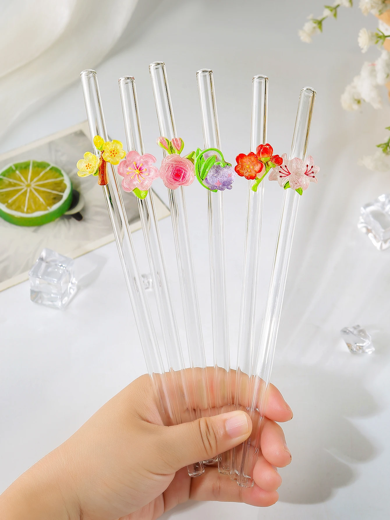 6PCS Floral Combo Glass Straws,Reusable Curved for Coffee, Milk Tea, Juices, Smoothies, Hot/Cold Drinks. Perfect for Parties