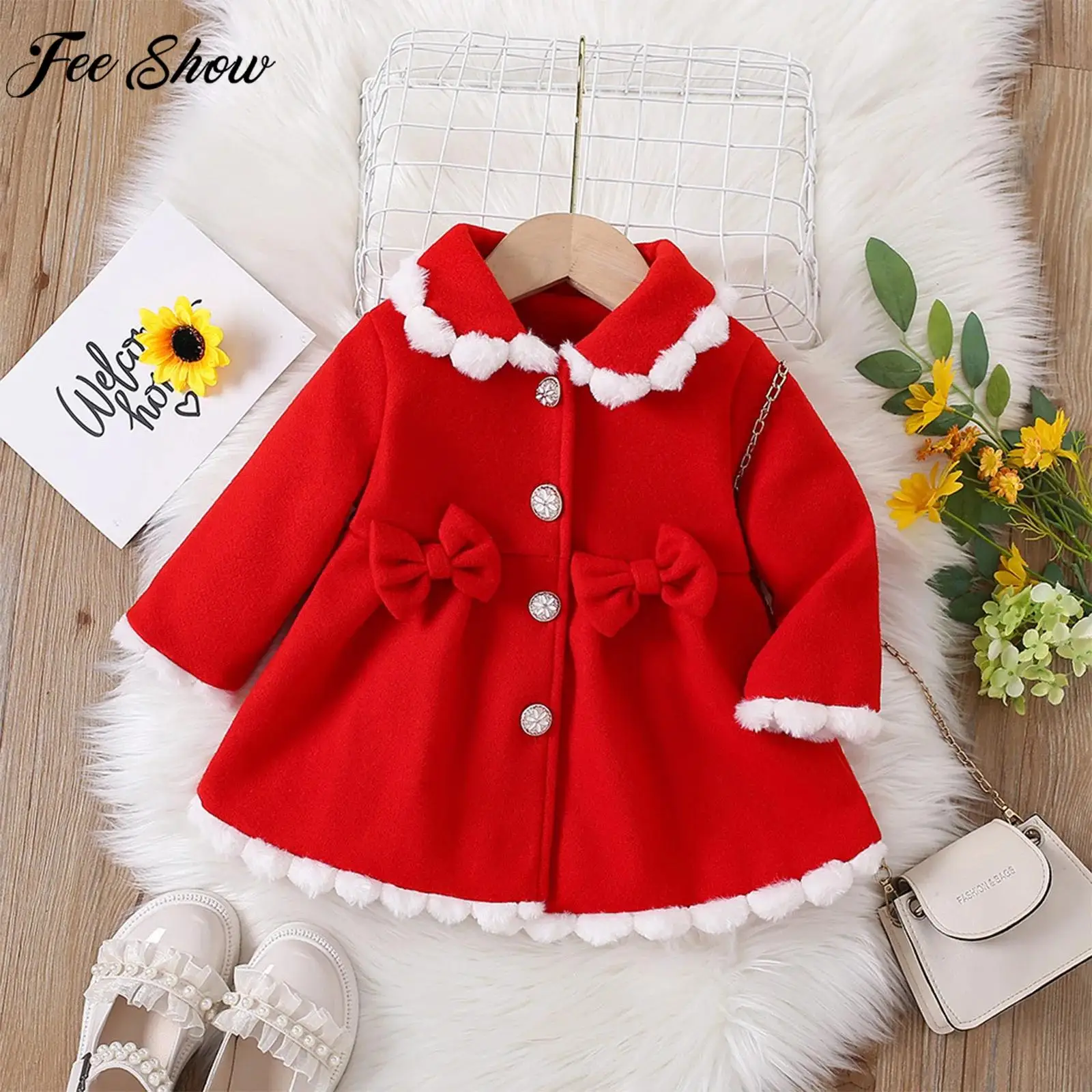 

Baby Girls Christmas New Year Party Dress Coat Fall Winter Long Sleeve Lapel Buttons Bow Jacket Outerwear for Daily School Day