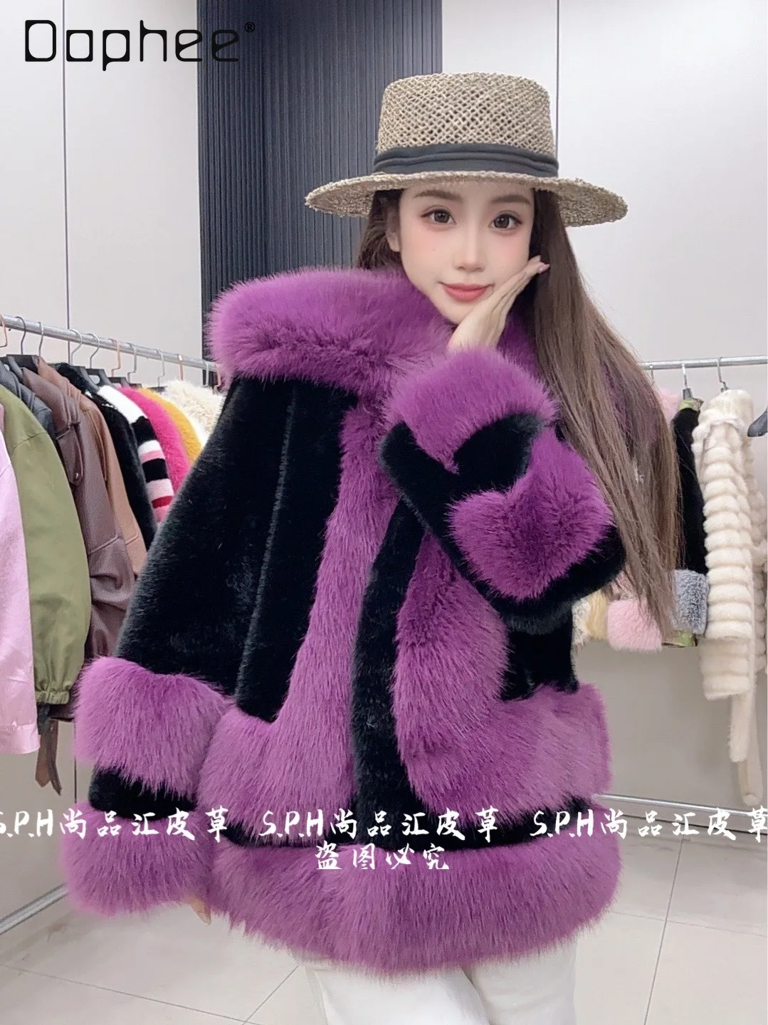 

Faux Fur Coat Women 2025 Winter New Fur Collar Thickened Faux Fur Coat Two Color Block Coat Mid Length Fluffy Jacket